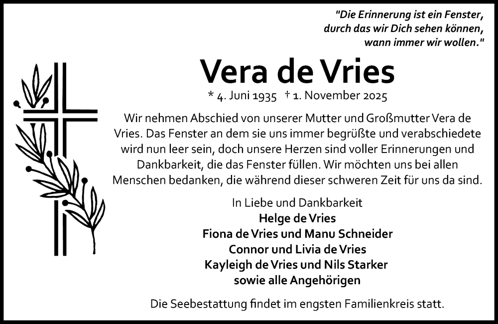  Traueranzeige für Vera de Vries vom 15.11.2025 aus Wiesbadener Kurier