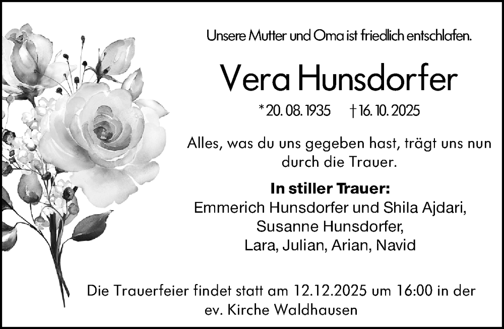  Traueranzeige für Vera Hunsdorfer vom 29.11.2025 aus Weilburger Tageblatt