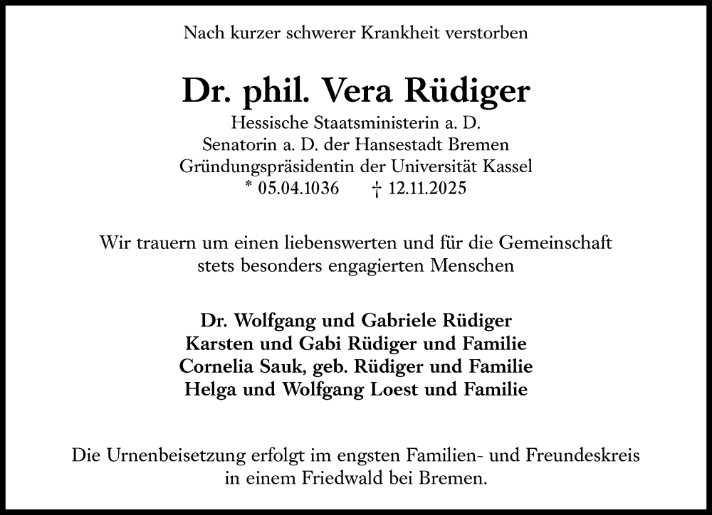  Traueranzeige für Vera Rüdiger vom 15.11.2025 aus Wiesbadener Kurier