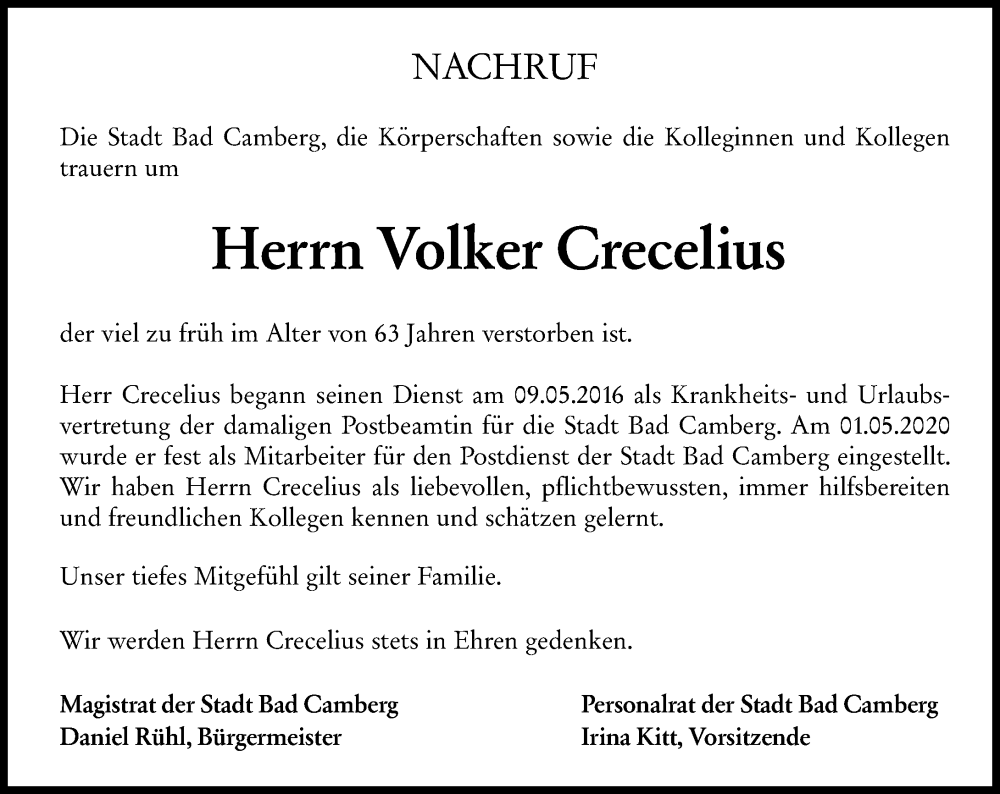  Traueranzeige für Volker Crecelius vom 27.11.2025 aus Camberger Anzeiger