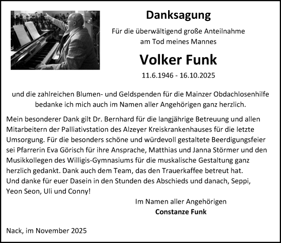 Traueranzeige von Volker Funk von Allgemeine Zeitung Alzey
