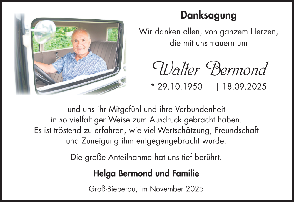  Traueranzeige für Walter Bermond vom 22.11.2025 aus Darmstädter Echo