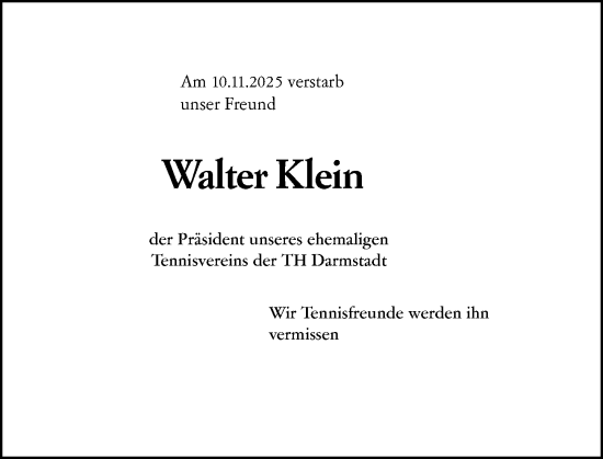 Traueranzeige von Walter Klein von Darmstädter Echo
