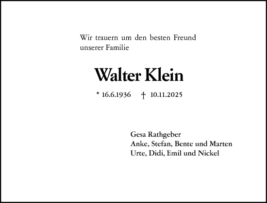 Traueranzeige von Walter Klein von Darmstädter Echo
