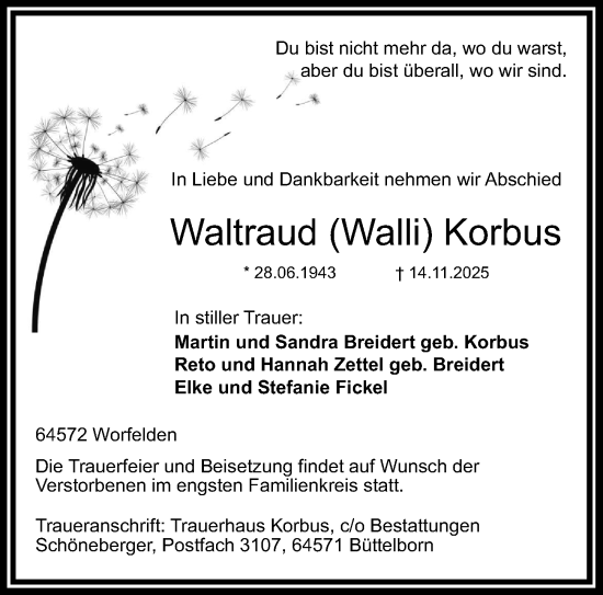 Traueranzeige von Waltraud Korbus von Groß-Gerauer Echo