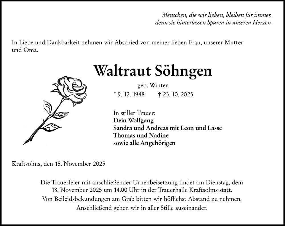  Traueranzeige für Waltraut Söhngen vom 15.11.2025 aus Wetzlarer Neue Zeitung