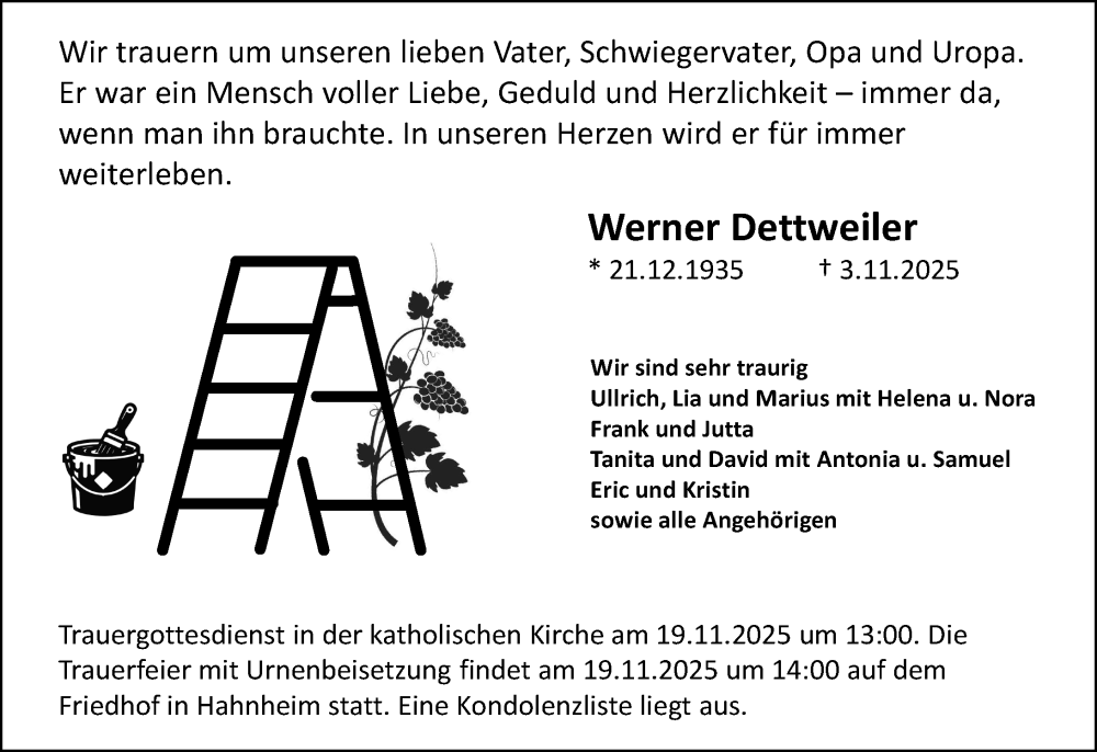  Traueranzeige für Werner Dettweiler vom 15.11.2025 aus Allgemeine Zeitung Mainz