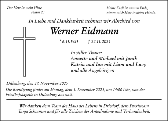 Traueranzeige von Werner Eidmann von Dill Block