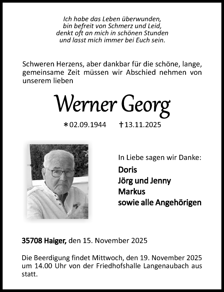  Traueranzeige für Werner Georg vom 15.11.2025 aus Dill Block