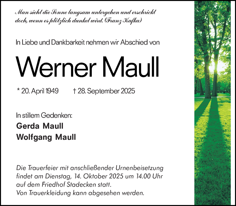 Traueranzeige für Werner Maull vom 11.10.2025 aus Allgemeine Zeitung Mainz