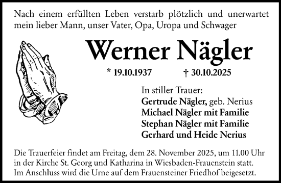Traueranzeige von Werner Nägler von Wiesbadener Kurier