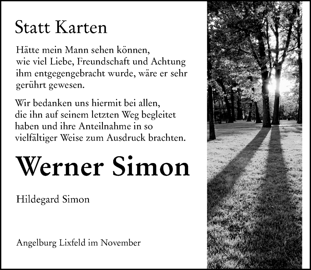 Traueranzeige für Werner Simon vom 14.11.2025 aus Hinterländer Anzeiger