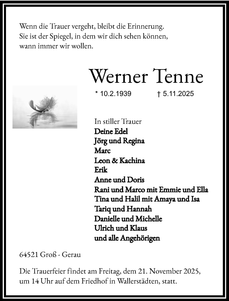  Traueranzeige für Werner Tenne vom 15.11.2025 aus Groß-Gerauer Echo