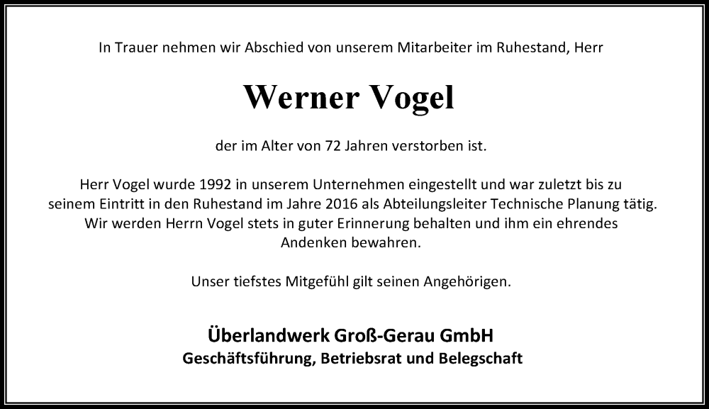  Traueranzeige für Werner Vogel vom 08.11.2025 aus Groß-Gerauer Echo