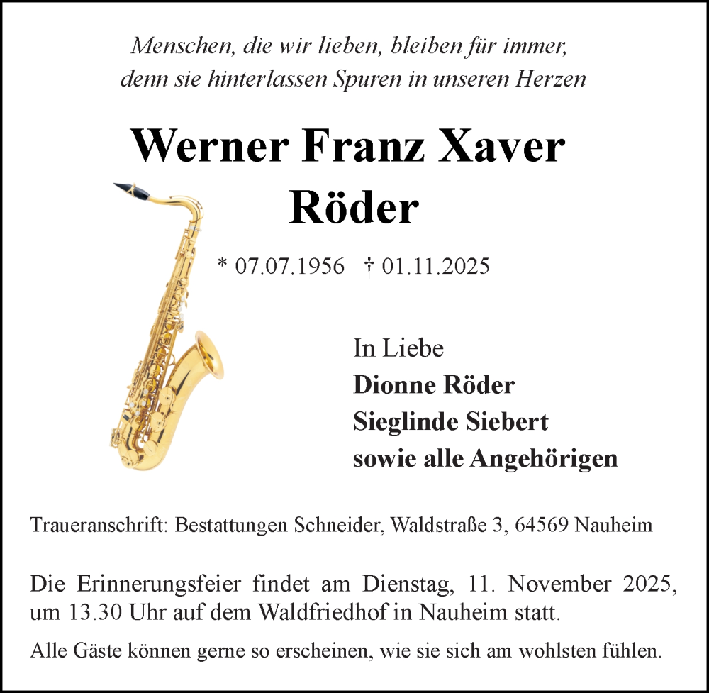  Traueranzeige für Werner Franz Xaver Röder vom 08.11.2025 aus Rüsselsheimer Echo