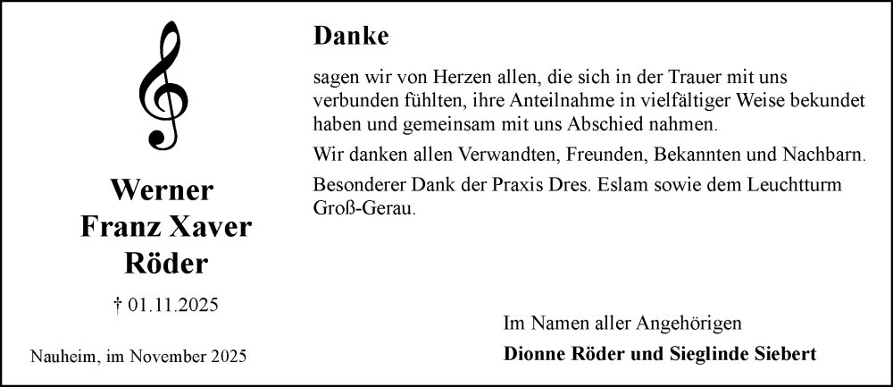  Traueranzeige für Werner Franz Xaver Röder vom 22.11.2025 aus Rüsselsheimer Echo