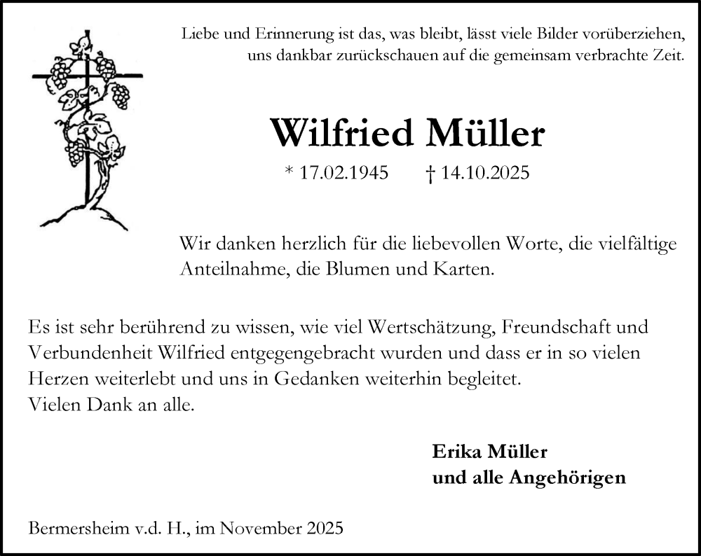  Traueranzeige für Wilfried Müller vom 22.11.2025 aus Allgemeine Zeitung Alzey