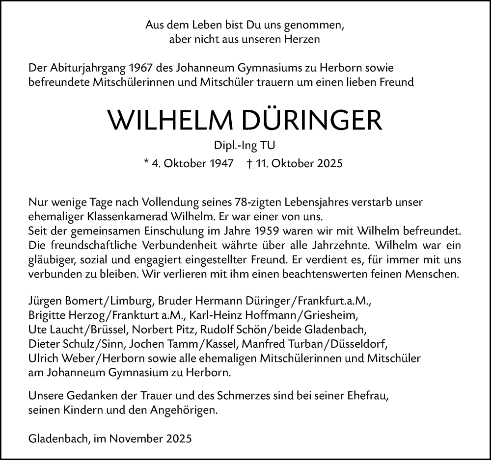  Traueranzeige für Wilhelm Düringer vom 07.11.2025 aus Hinterländer Anzeiger