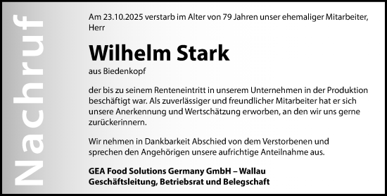 Traueranzeige von Wilhelm Stark von Hinterländer Anzeiger