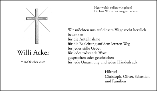 Traueranzeige von Willi Acker von Hinterländer Anzeiger