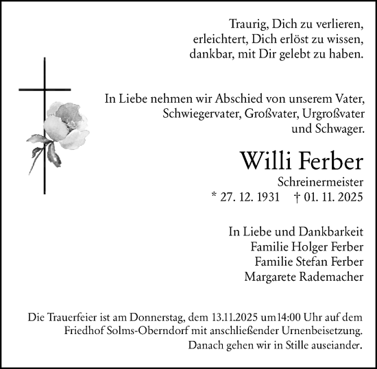Traueranzeige von Willi Ferber von Wetzlarer Neue Zeitung