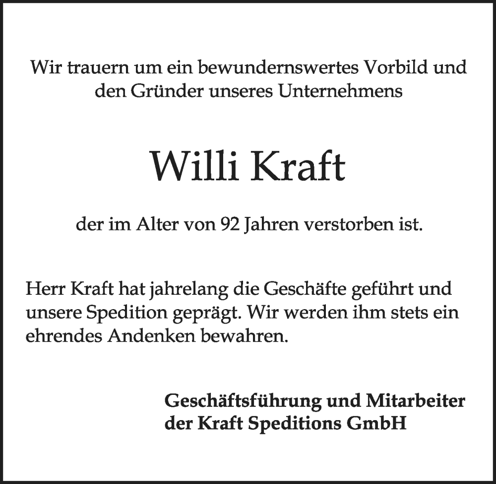  Traueranzeige für Willi Kraft vom 08.11.2025 aus Allgemeine Zeitung Mainz
