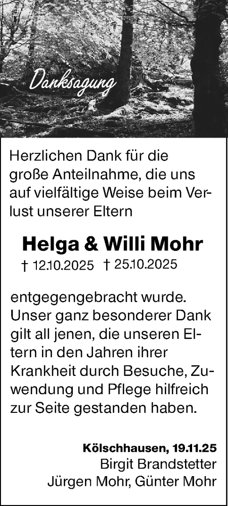  Traueranzeige für Willi Mohr vom 22.11.2025 aus Wetzlarer Neue Zeitung