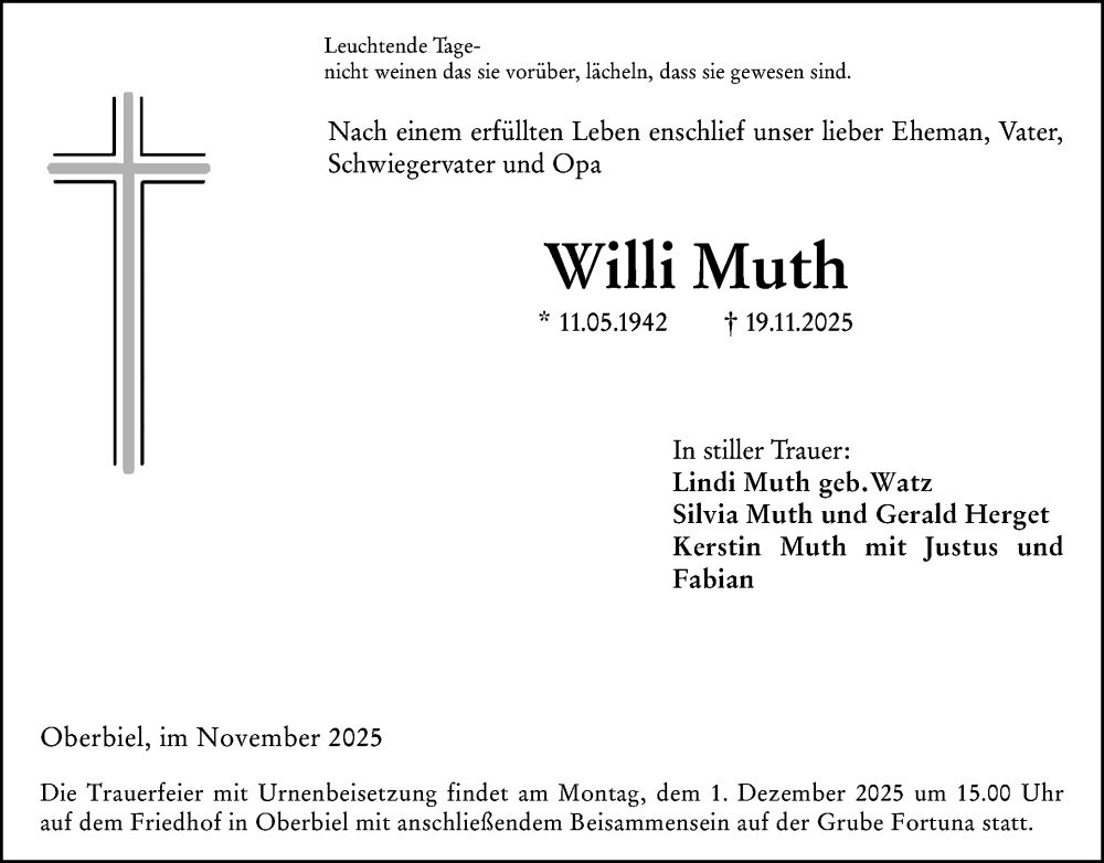  Traueranzeige für Willi Muth vom 27.11.2025 aus Wetzlarer Neue Zeitung
