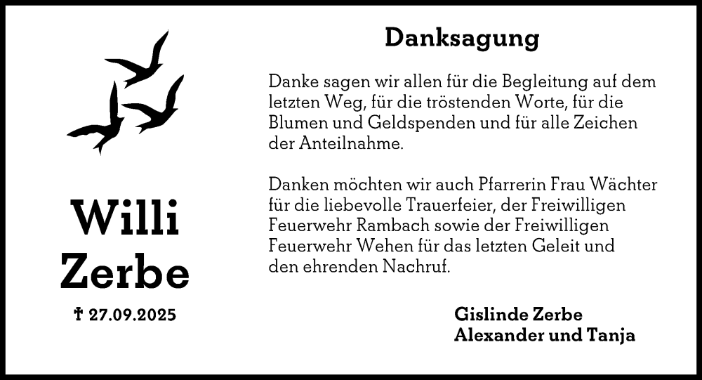 Traueranzeige für Willi Zerbe vom 15.11.2025 aus Wiesbadener Kurier