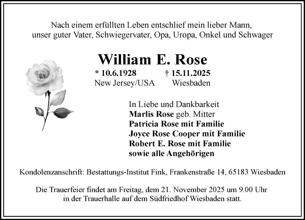  Traueranzeige für William E. Rose vom 20.11.2025 aus Wiesbadener Kurier