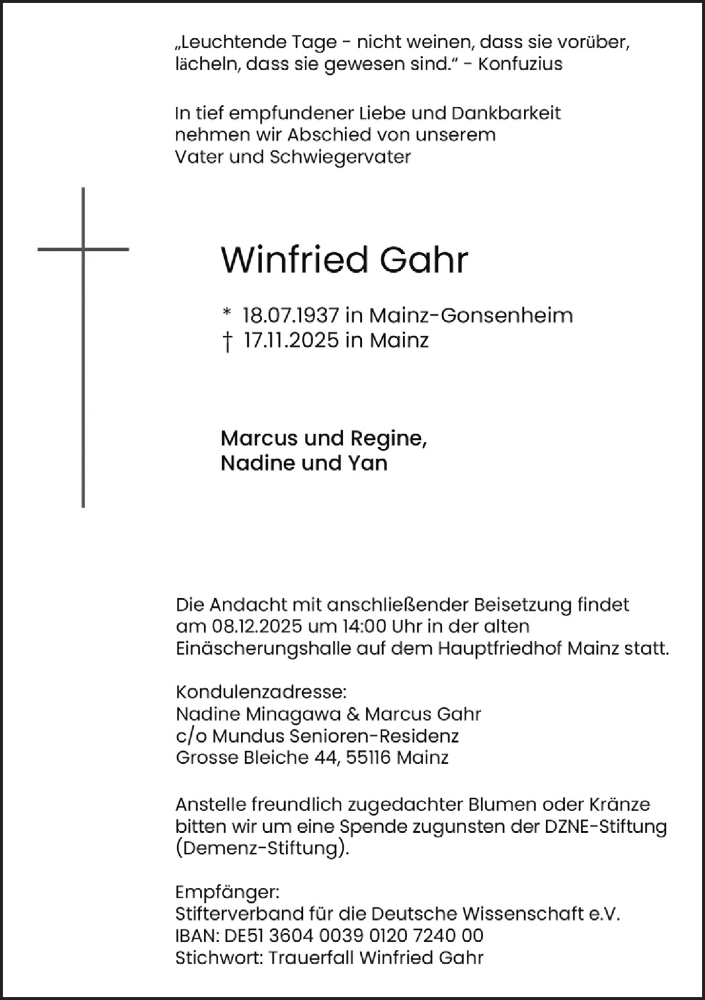  Traueranzeige für Winfried Gahr vom 29.11.2025 aus Allgemeine Zeitung Mainz