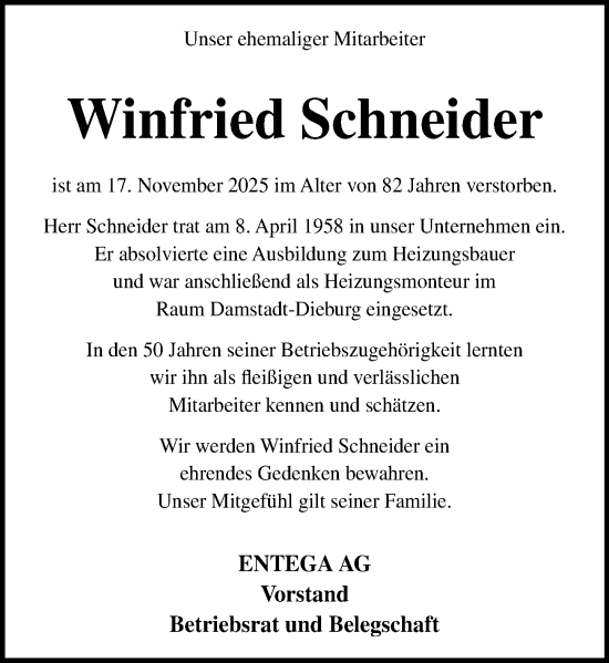 Traueranzeige von Winfried Schneider von Odenwälder Echo