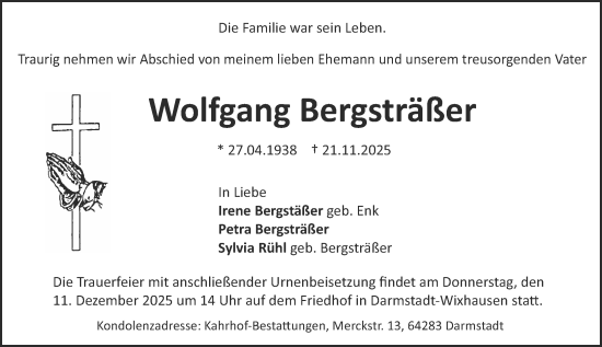 Traueranzeige von Wolfgang Bergsträßer von Darmstädter Echo