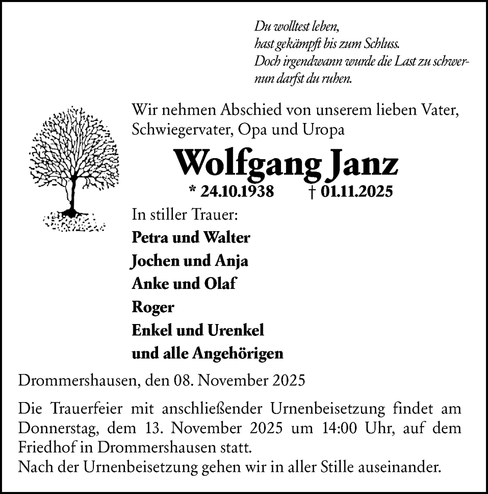  Traueranzeige für Wolfgang Janz vom 08.11.2025 aus Weilburger Tageblatt