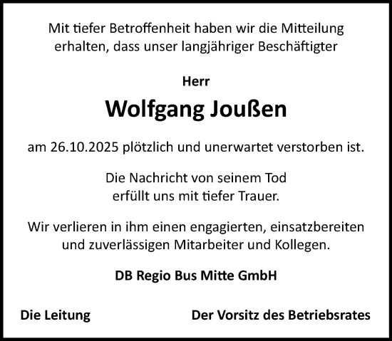 Traueranzeige von Wolfgang Joußen von Wiesbadener Kurier
