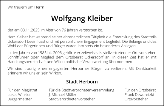 Traueranzeige von Wolfgang Kleiber von Dill Block