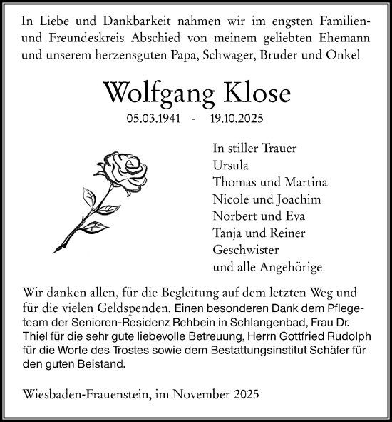 Traueranzeige von Wolfgang Klose von Wiesbadener Kurier