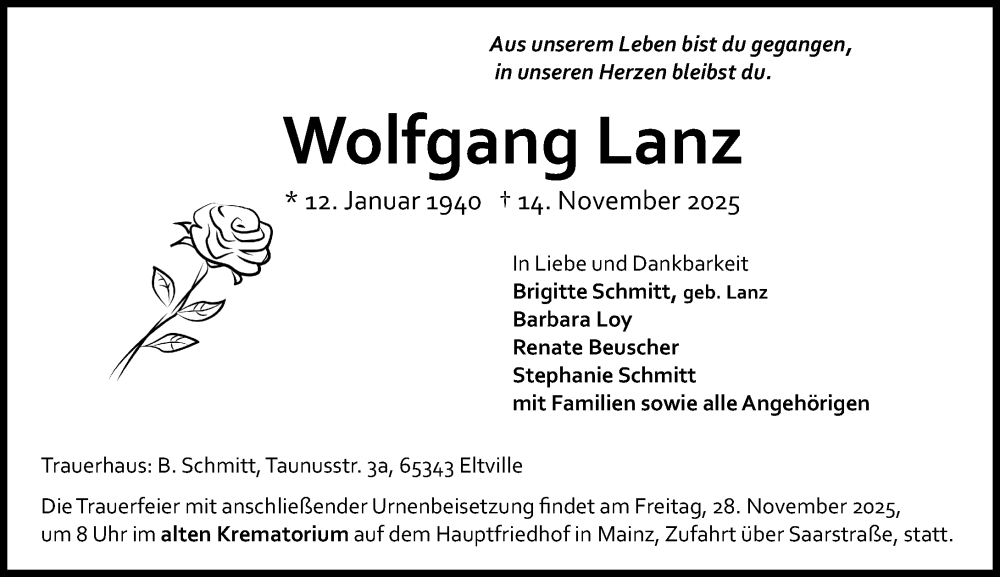  Traueranzeige für Wolfgang Lanz vom 22.11.2025 aus Wiesbadener Kurier