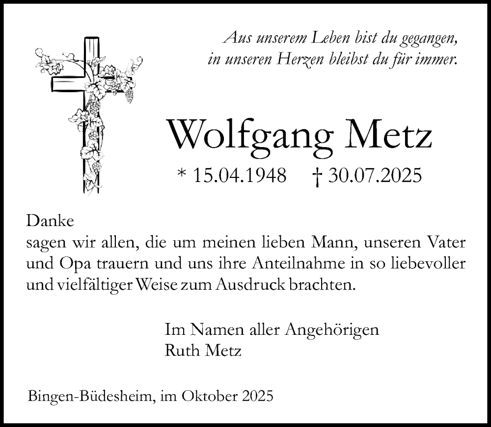  Traueranzeige für Wolfgang Metz vom 11.10.2025 aus Binger-/Ingelheimer Wochenblatt