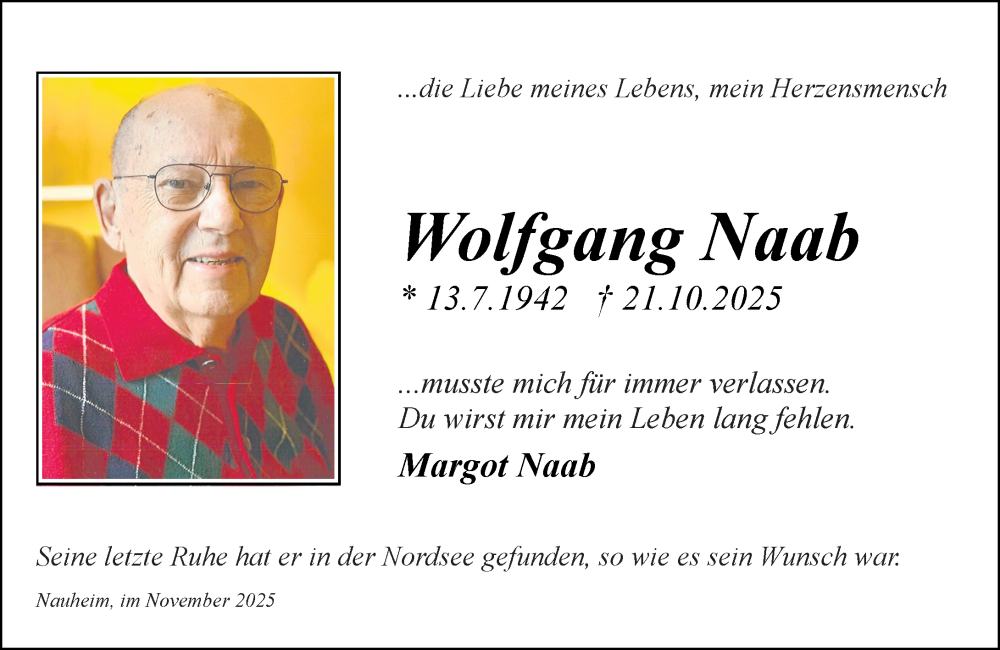  Traueranzeige für Wolfgang Naab vom 15.11.2025 aus Rüsselsheimer Echo