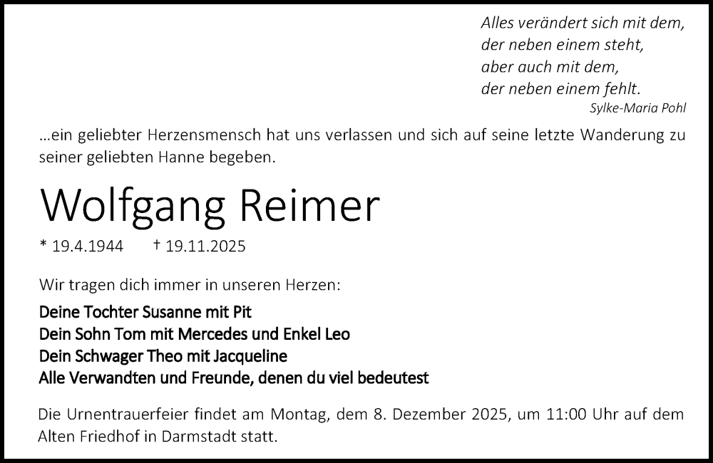  Traueranzeige für Wolfgang Reimer vom 29.11.2025 aus Darmstädter Echo