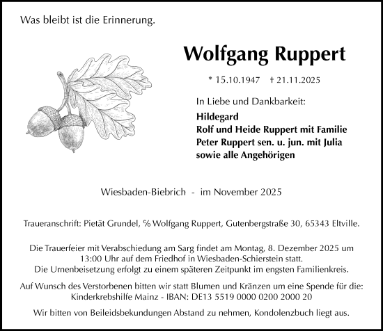 Traueranzeige von Wolfgang Ruppert von Rheingau Kurier