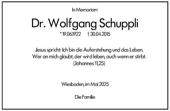 Traueranzeige von Wolfgang Schuppli von Wiesbadener Kurier
