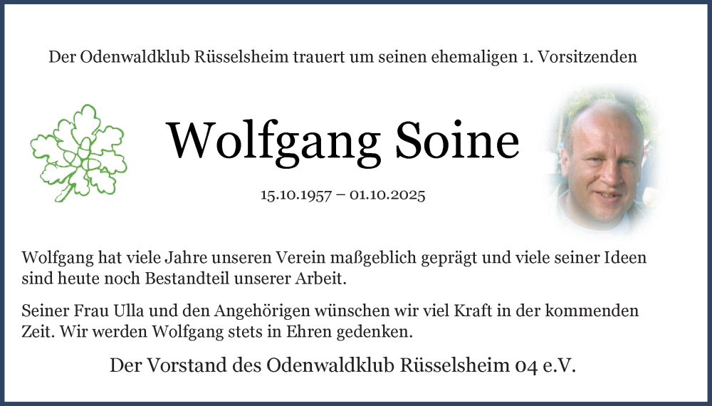  Traueranzeige für Wolfgang Soine vom 11.10.2025 aus Rüsselsheimer Echo