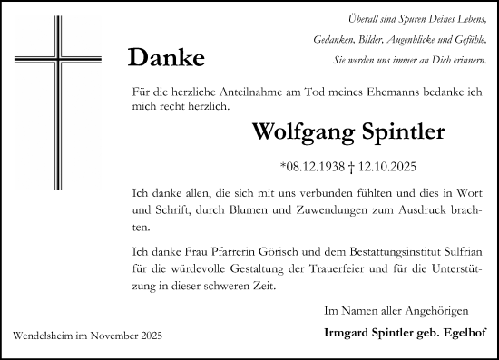 Traueranzeige von Wolfgang Spintler von Allgemeine Zeitung Alzey