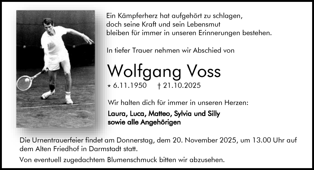  Traueranzeige für Wolfgang Voss vom 15.11.2025 aus Darmstädter Echo