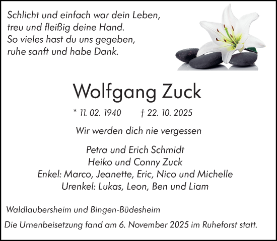 Traueranzeige von Wolfgang Zuck von Binger-/Ingelheimer Wochenblatt