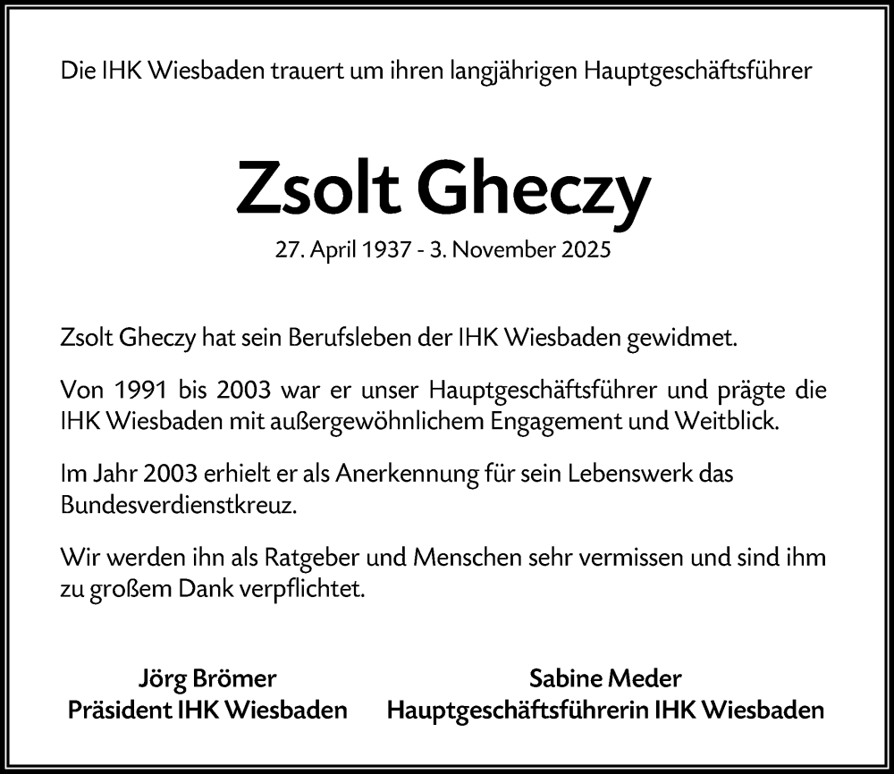  Traueranzeige für Zsolt Gheczy vom 12.11.2025 aus Wiesbadener Kurier