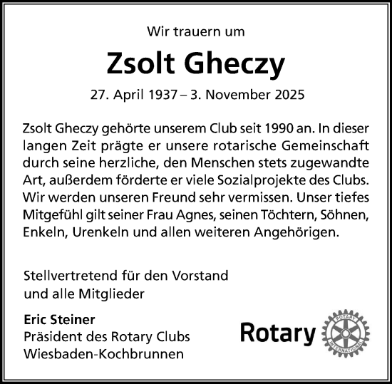 Traueranzeige von Zsolt Gheczy von Wiesbadener Kurier