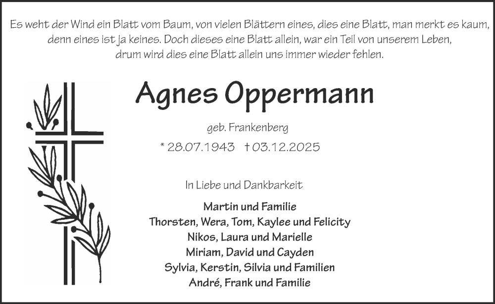 Traueranzeige für Agnes Oppermann vom 13.12.2025 aus Darmstädter Echo